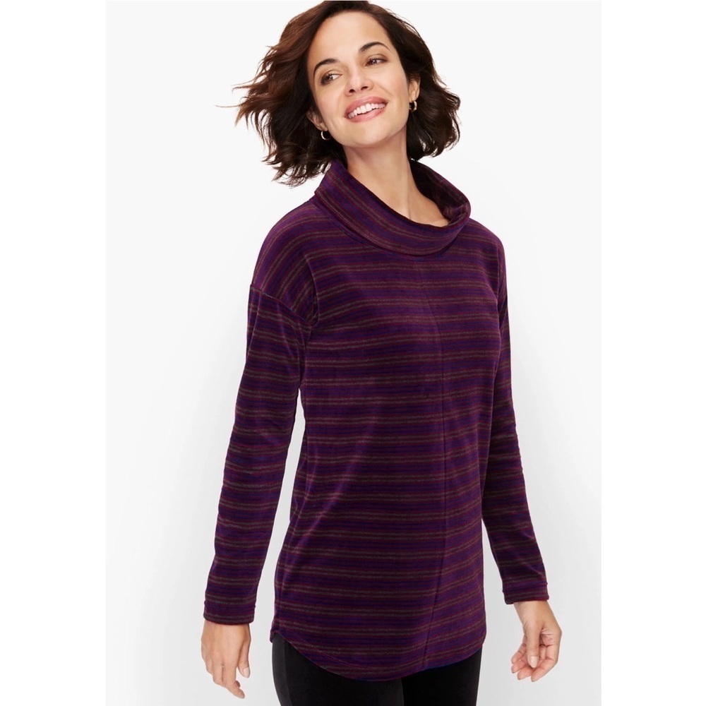 Talbots Purple Velour Cowlneck Candy Cane Striped Cozy Soft Knit Pullover Medium